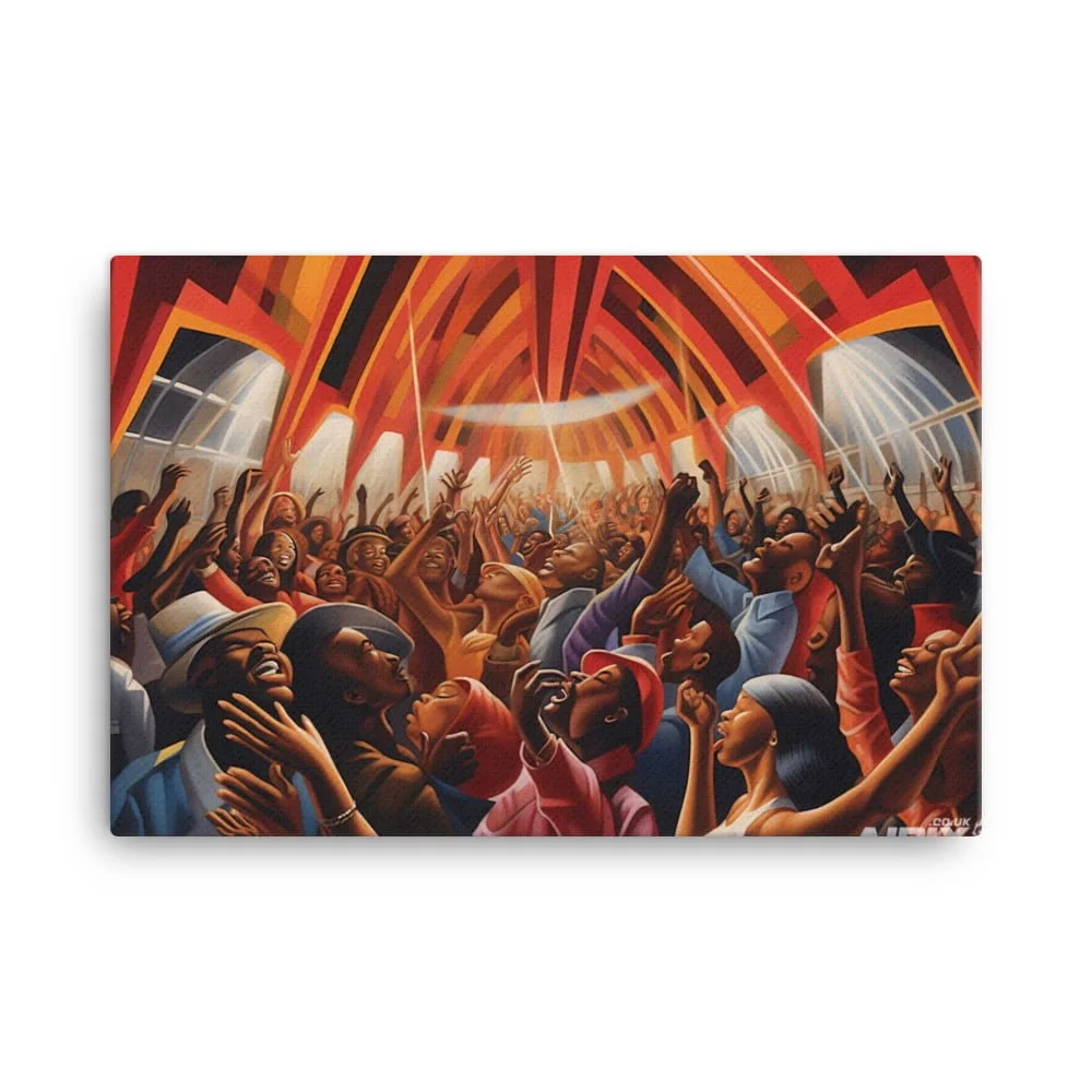 Tongues of Fire: Energetic Crowd Art Vibrant Celebration. Canvas.