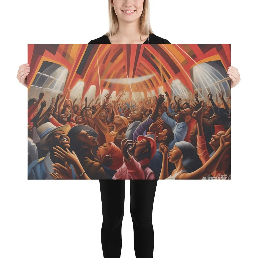 Tongues of Fire: Energetic Crowd Art Vibrant Celebration. Person holding canvas.