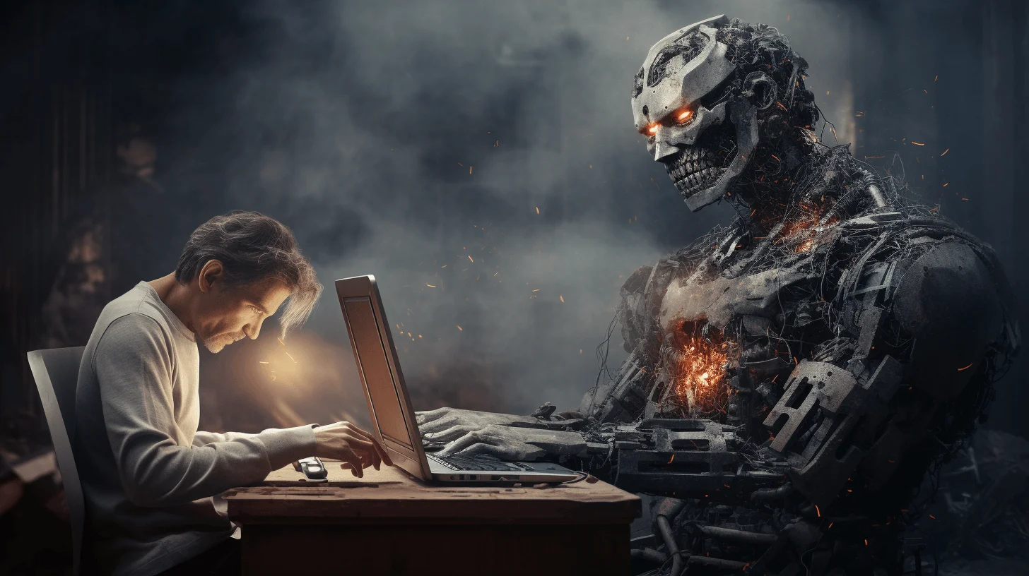 AI robot using laptop facing human