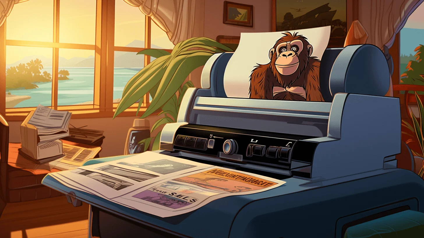 cartoon image of a printer printing a photo of an nft